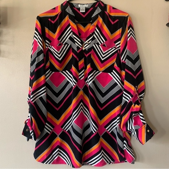 Cache Bright Colorful Striped Abstract Pullover V Neck Tunic/ Blouse Size M - Picture 12 of 13